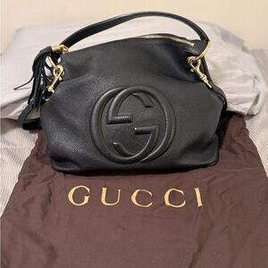 Gucci Black Pebbled Leather Soho Convertible Hobo Bag with Gold Accents